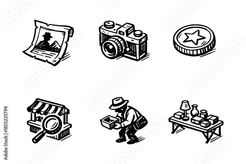 Vintage exploration: adventurer, photography, and discovery icons in black and white