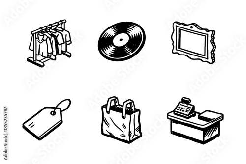 Vintage shopping icons: clothes, vinyl, and cash register in black and white