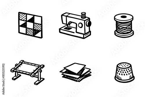Outline icons of sewing and quilting tools: sewing machine, fabric, and thimble