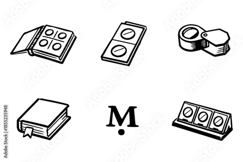 Collection of monochrome icons for stamp collecting enthusiasts