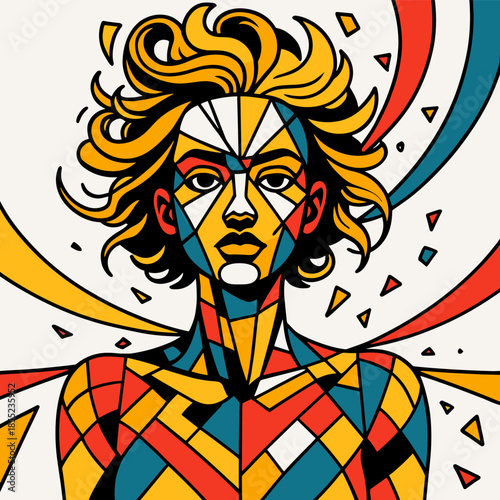 Bold cubist woman portrait with geometric face paint and flowing hair, vibrant stained glass style headshot with dynamic curves and confetti shapes