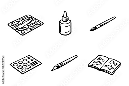 Crafting tools for model making: glue, brushes, and design elements in black and white