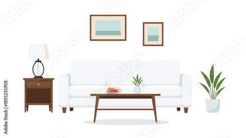 Clean and minimalist living room interior with a white three-seater sofa, a stylish coffee table, side table, lamp, and green potted plants.