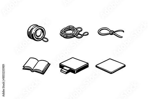 Set of hand-drawn rope and everyday items icons in black and white