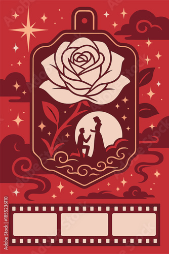 Ornate red romance card with giant rose and couple silhouette, gold filigree frame with sparkles and moon motifs, vintage love poster style