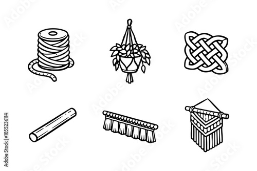 Handcrafted macramé elements set with hanging planter and knot designs