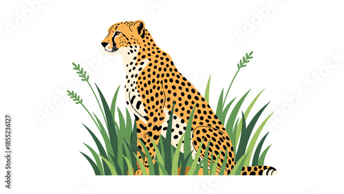 Majestic cheetah sitting gracefully amidst tall green grass, showcasing its powerful presence and natural habitat in the wild.