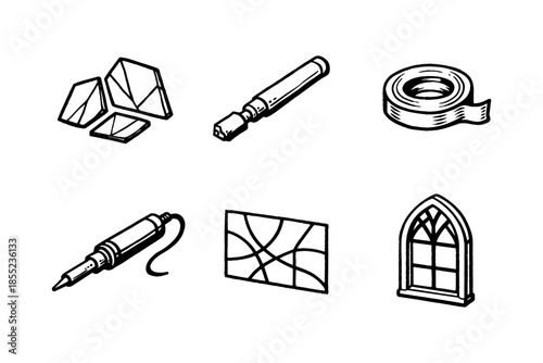 Stained glass art tools: tape, cutter, soldering iron, patterns, frames in hand drawn style