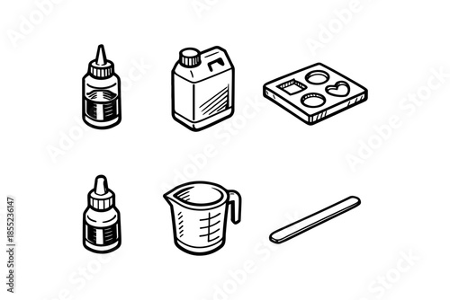 Crafting supplies set with bottles, mold, pitcher, and stick in hand-drawn style