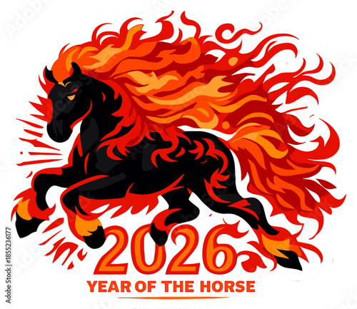2026 Year of the Horse roaring emblem with black stallion and massive flaming red mane, intense zodiac celebration graphic with sparks and heat