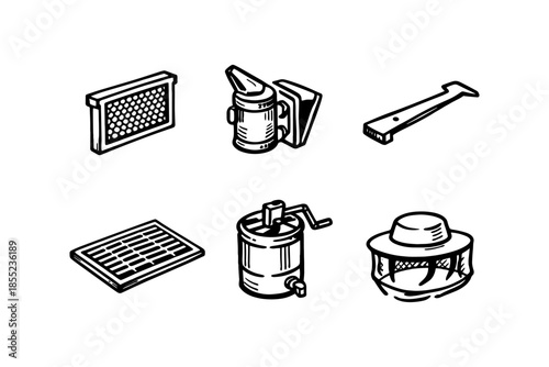 Beekeeping tools set: detailed hand-drawn equipment for honey harvest