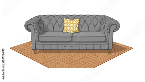 Luxurious grey chesterfield sofa with a decorative yellow cushion, elegantly positioned on a herringbone patterned wooden floor, creating a stylish interior.