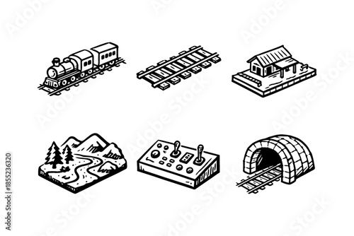 Hand drawn train elements: locomotive, tracks, station, tunnel, and scenic landscape