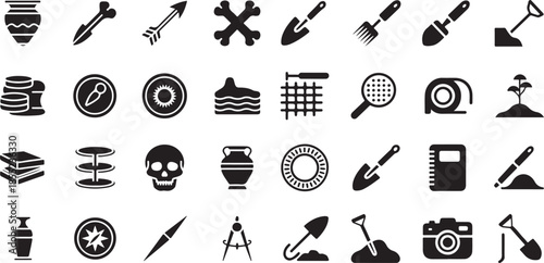 Archaeology and excavation icon set. Containing pottery, bones, shovel, trowel, brush, compass, soil layers, ancient relics, and more.