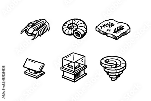 Hand drawn fossil icons collection: trilobite, ammonite, fern leaf, ancient artifacts