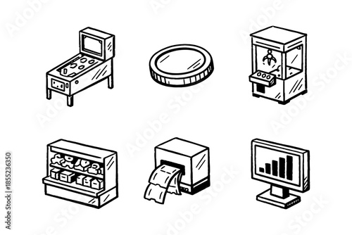 Hand-drawn arcade elements: pinball, coin, claw machine, toy stand, ticket dispenser, monitor