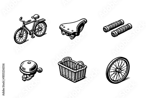 Retro bicycle parts set in hand-drawn style: saddle, wheel, basket, handlebar grips