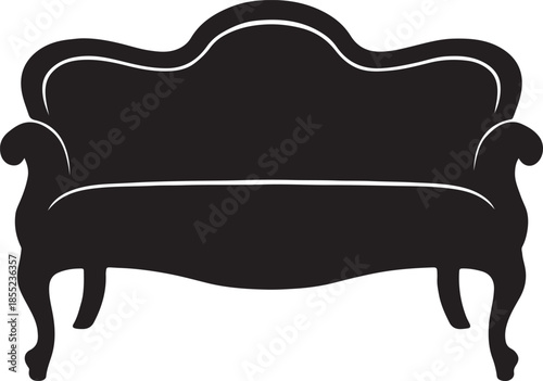 Black silhouette of a vintage ornate sofa with curved back and legs couch furniture