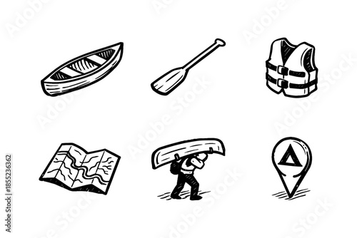 Hand drawn adventure icons: canoe, paddle, life jacket, map, hiker, location pin