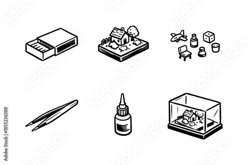 Miniature crafting essentials: tools, plans, and models in isometric style