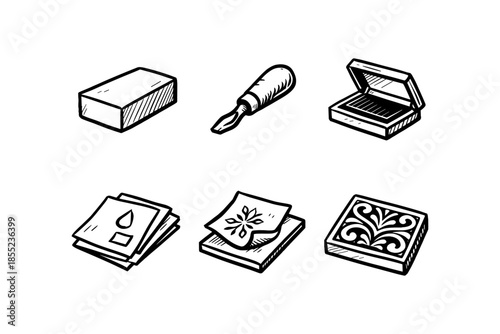 Vintage wood carving tools and supplies in hand drawn style