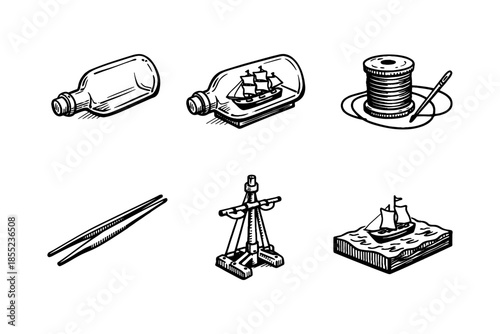 Nautical craft set: ships in bottles, sewing, and navigation tools