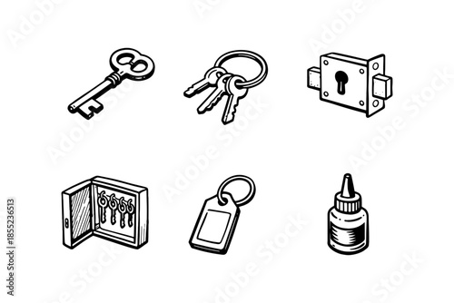 Hand drawn keys and locks collection: classic security elements in monochrome