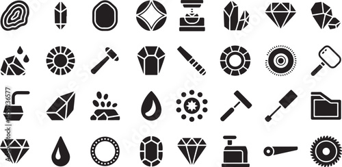 Gemstone cutting and jewelry making icon set. Containing diamonds, raw crystals, magnifying glass, cutting saws, polishing tools, and more.