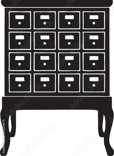 Silhouette of a vintage filing cabinet with drawers on a white background furniture