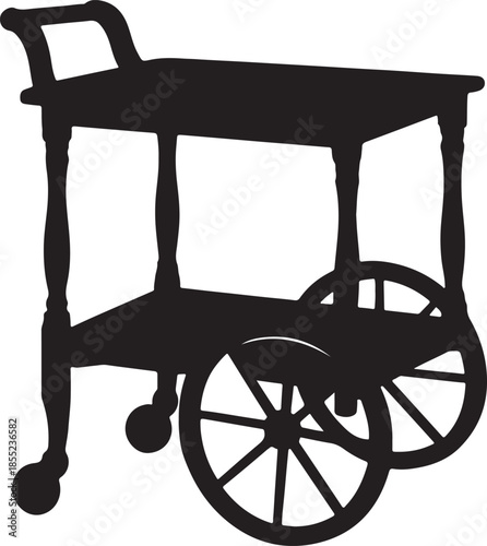Silhouette of a two-tiered serving cart with wheels on a white background furniture