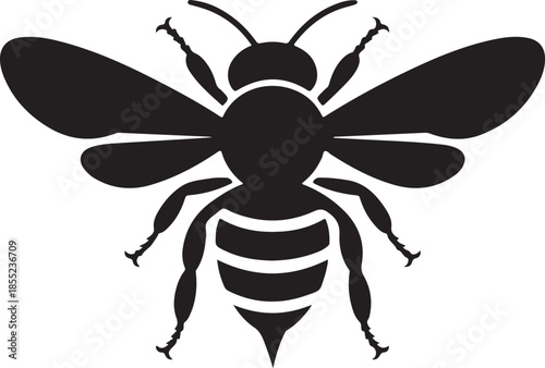 Black and white silhouette of a bee with large wings and striped body 1