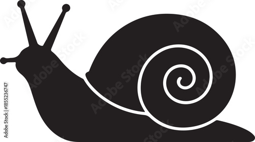 Black and white outline of a snail with a spiral shell and two antennae