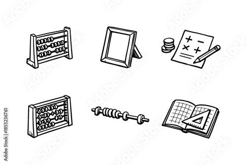 Hand drawn set of educational tools and abacus with mathematical items