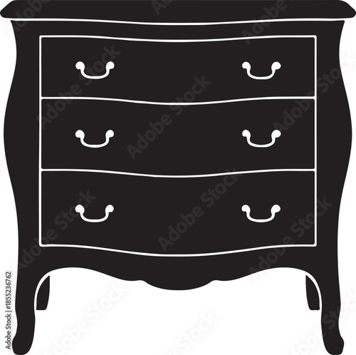 Black silhouette of a vintage three-drawer chest of drawers with curved legs furniture