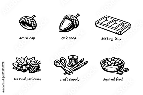 Black and white autumn icons: acorn, tray, craft supplies, and squirrel food