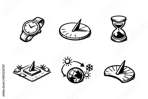 Hand-drawn timekeeping icons: clock, sundial, hourglass, and earth cycle