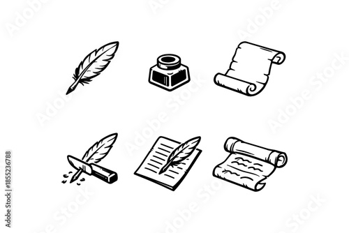 Vintage writing set: quill, ink pot, paper scroll icons in black and white