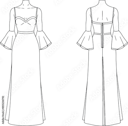 Elegant evening gown with sweetheart neckline and bell sleeves Vector