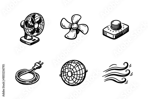 Hand drawn fan and ventilation icon set with cooling symbols