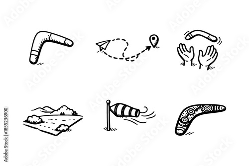 Hand-drawn boomerang and travel icons with map, destination, and wind sock elements