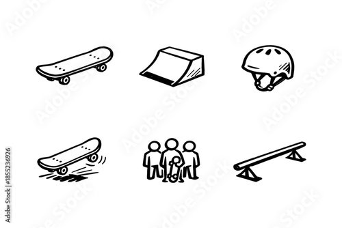 Hand-drawn skateboarding icons: helmet, ramp, skateboard, family, rail