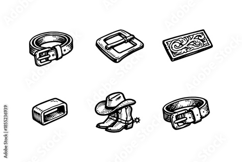 Vintage western accessories: belt buckles, cowboy hat, and boots in engraved style