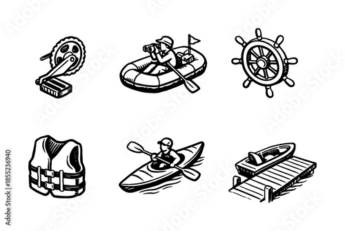 Nautical adventure icons: kayak, raft, wheel, and gear in bold hand-drawn style