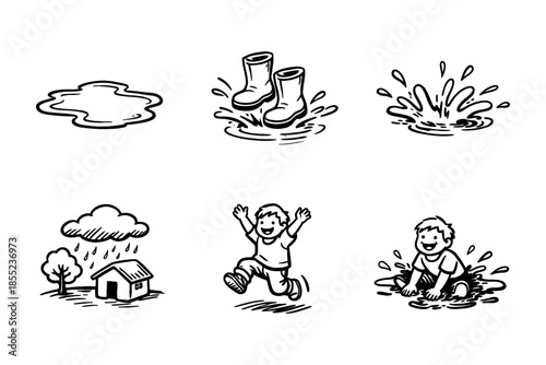 Playful child characters jumping in puddles with rainy weather and house elements