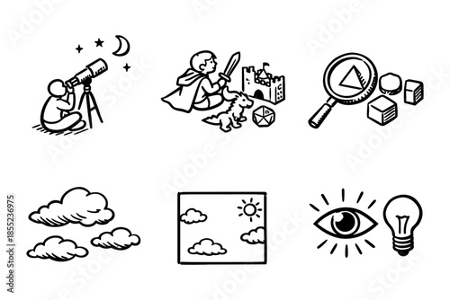 Adventure and discovery: kids in play and exploration with imaginative icons