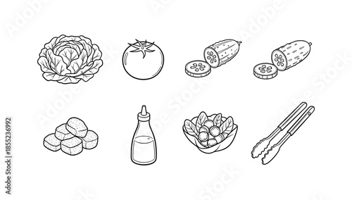Monochrome line art of fresh salad ingredients and kitchen utensils