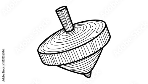 Hand drawn wood spinning top illustration in black and white outline style