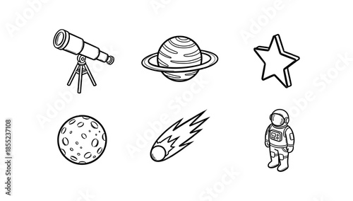 Black and white space doodles featuring telescope, saturn, astronaut, and more