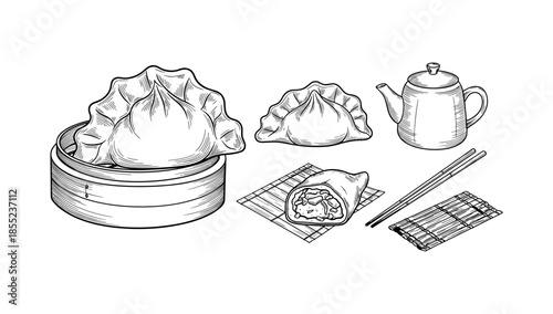 Line art dumplings with tea set and bamboo mat for asian cuisine theme