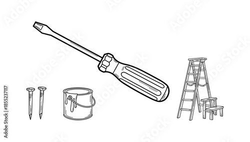 Hand tools and ladder line art collection for diy and home improvement projects
